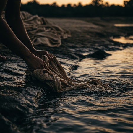 Close-up of a woman's hand holding a towel in the waterの素材