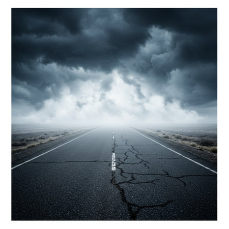 Conceptual image of a road disappearing into the distance with dramatic skyの素材