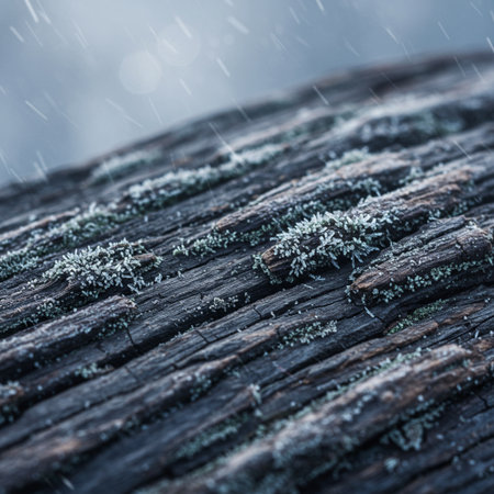 Moss on old wood in the rain. Selective focus.の素材