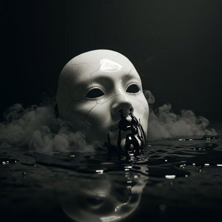 Black and white portrait of a white mask in the water with smokeの素材