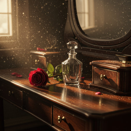 Bottle of perfume on the table in the room with a roseの素材