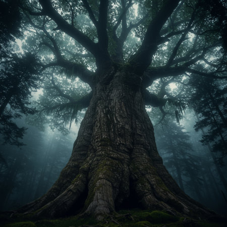Old big tree in the rain forest with fog on the ground.の素材