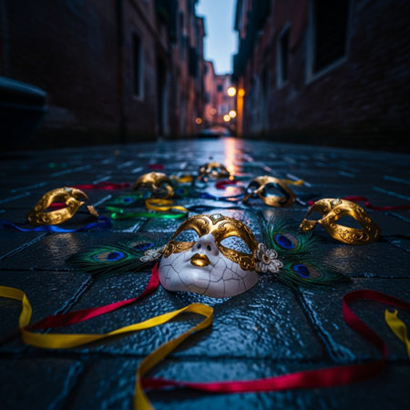 Traditional Venetian carnival masks on cobbled street in Venice, Italyの素材