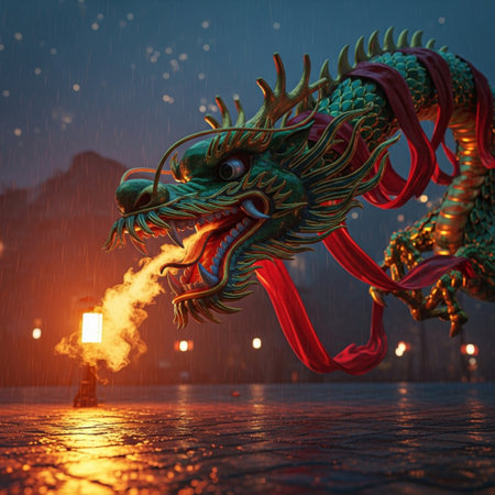 Chinese dragon statue at night in Beijing, China. This is a 3d render illustration.の素材