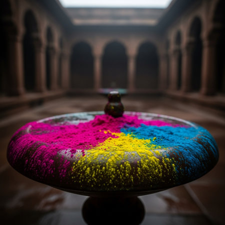Colorful holi powder on the table in the temple, Indiaの素材