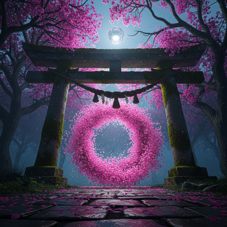 Mysterious Japanese gate with pink cherry blossoms and full moonの素材
