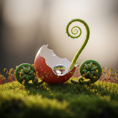 Fern and egg with water drop on green moss. Nature concept.の素材