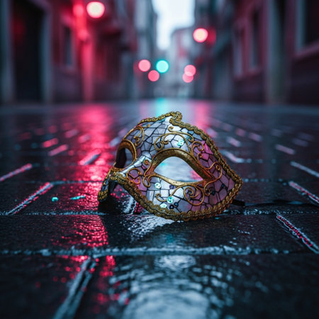 Traditional Venetian carnival mask on the street at night.の素材