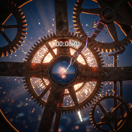 Close up of clockwork mechanism with sparks and lens flare at nightの素材