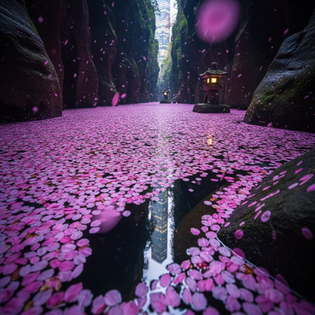 Beautiful pink flower petals floating on the water in Huangshan, Chinaの素材