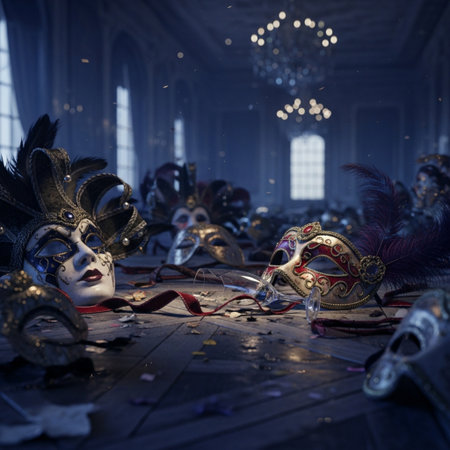 Traditional Venetian carnival masks with feathers on wooden floor.の素材