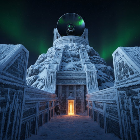 3d rendering of a fairy tale house in the snowy mountains with a glowing doorの素材