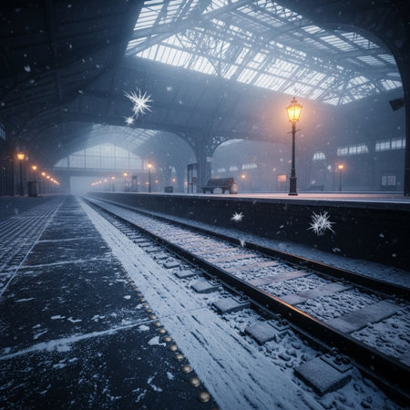 Railway station at night in winter with snowfall. Railway station in winterの素材