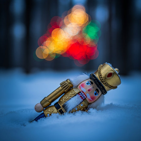 Wooden toy nutcracker in the snow with a Christmas tree in the backgroundの素材