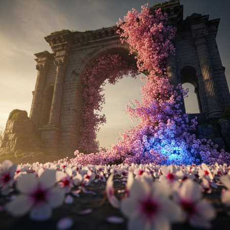 3D illustration of the Triumphal Arch surrounded by cherry blossomsの素材