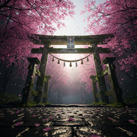Japanese gate with cherry blossom in the misty morning, 3D renderingの素材
