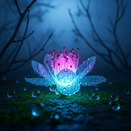 Water drops on a lotus flower in the dark forest, 3d illustrationの素材