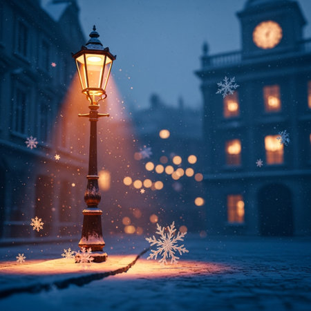 Christmas and New Year background. Street lamp on a snowy winter street.の素材