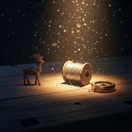 Christmas and New Year concept. Reindeer and spool of thread on wooden background.の素材