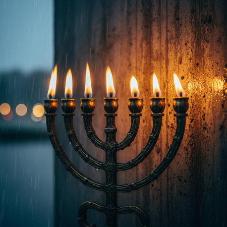 Jewish holiday Hanukkah with menorah (traditional candelabra) and candles in the darkの素材