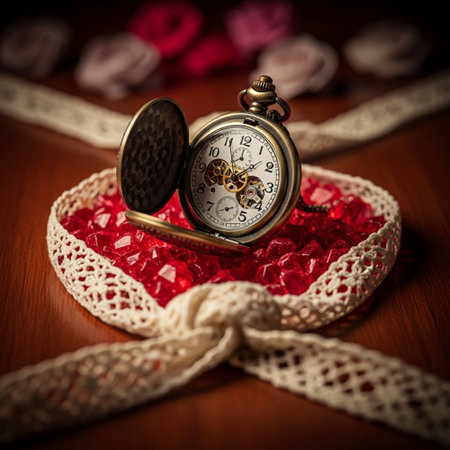 Vintage pocket watch on a background of red hearts and lace.の素材