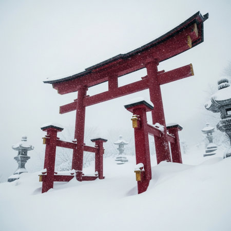 Red torii gate in Japan during snowfall. This file is cleaned and retouched.の素材