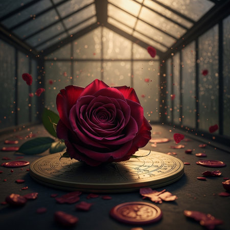 Red rose on a gold coin in the window, 3d renderingの素材