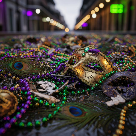Colorful carnival masks and beads on the street in Venice, Italyの素材