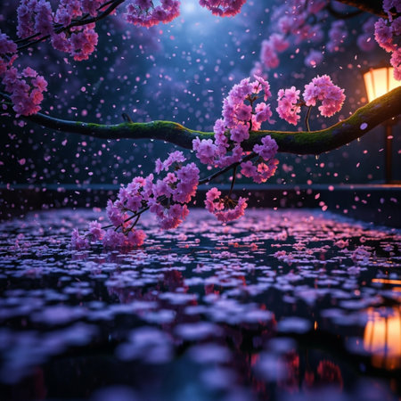 Cherry blossoms in full bloom in a Japanese garden at nightの素材