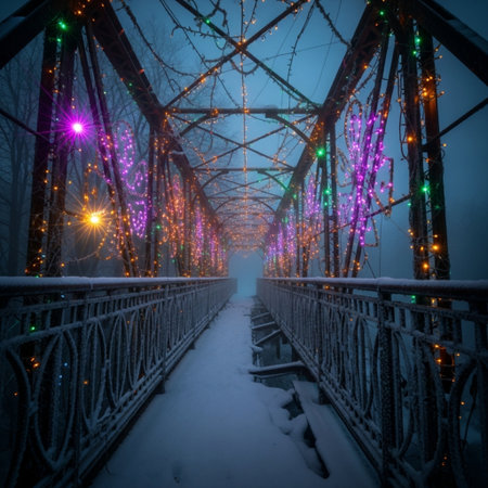 Frozen bridge with colorful lights in the winter forest. Christmas backgroundの素材