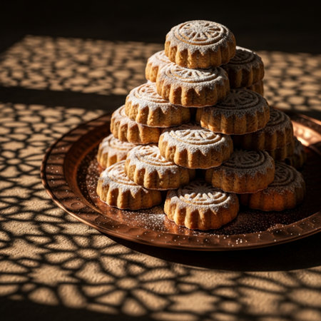 Biscuits in the form of a pyramid on a plate.の素材