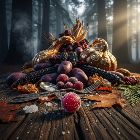 Autumn still life with pumpkins, berries and leaves on wooden backgroundの素材
