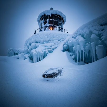Winter landscape with a lighthouse on top of a rock covered with snowの素材