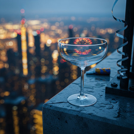Glass of champagne on the roof of a high building with a view of the cityの素材