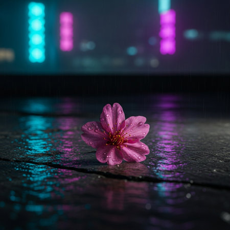 Pink flower in the rain with bokeh lights on background.の素材