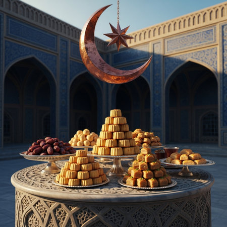 3d rendering of a ramadan kareem with dates and sweetsの素材