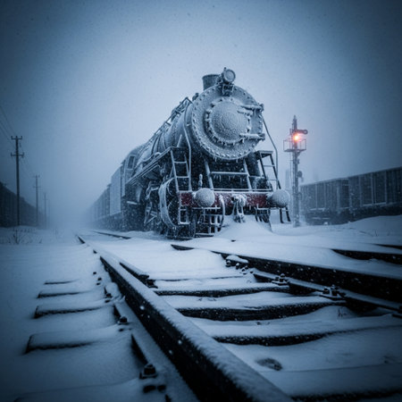 Old steam locomotive in heavy snowfall. Toned image.の素材