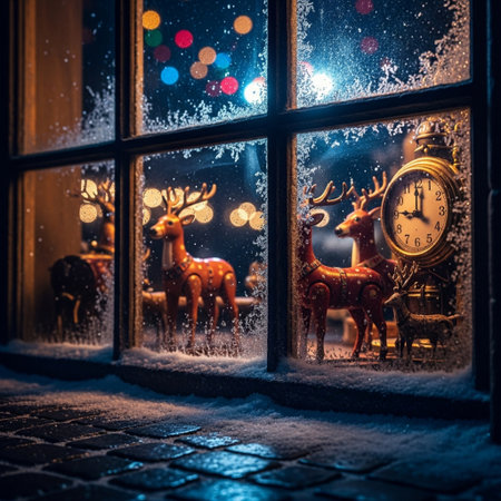 Christmas and New Year holidays concept. Festive decoration on window sill at night. Festive decoration with deers and clock.の素材