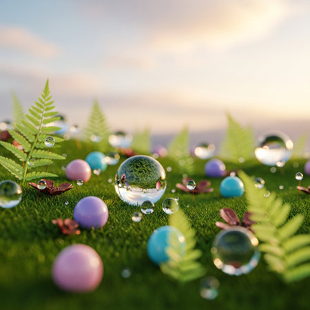 Colorful easter eggs on the grass with water drops and fernの素材