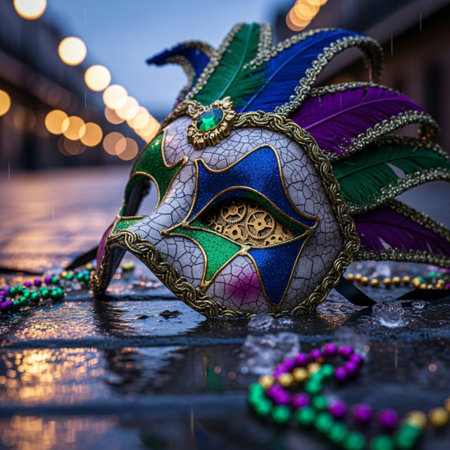 Mardi gras mask with colorful feathers and beads on the streetの素材