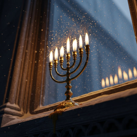 Image of jewish holiday Hanukkah background with menorah (traditional candelabra) and burning candlesの素材