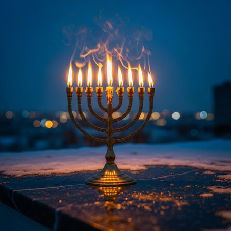 Menorah with burning candles on the background of the night city.の素材