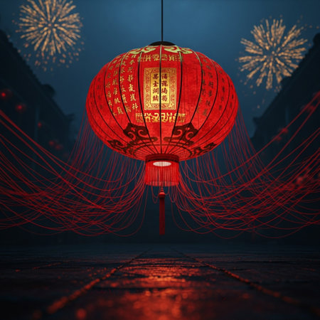 Chinese lanterns and fireworks in the night. 3D rendering.の素材