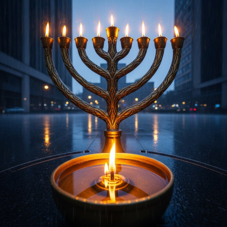 Hanukkah menorah with burning candles in the night cityの素材