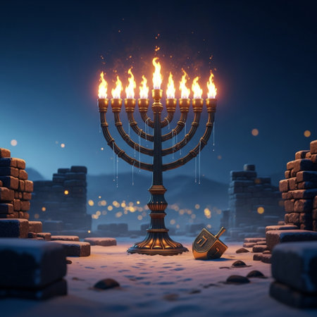 Hanukkah menorah with burning candles, 3d renderの素材