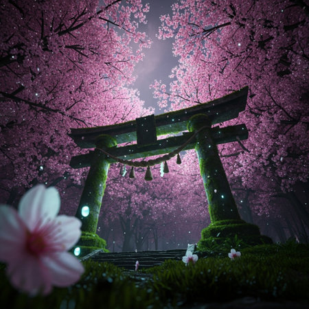 Mysterious Japanese gate with cherry blossoms in the background.の素材