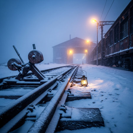 Railway station in winter at night. Railway tracks in the snow.の素材