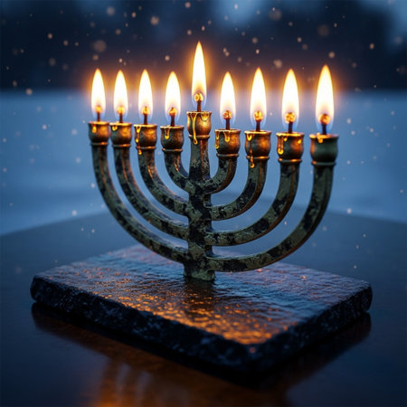 Hanukkah menorah with burning candles on dark background.の素材