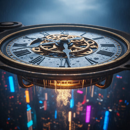 Time concept with clock face and city background. 3D Renderingの素材