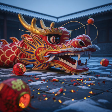 Chinese dragon statue with red lanterns and lanterns in the nightの素材